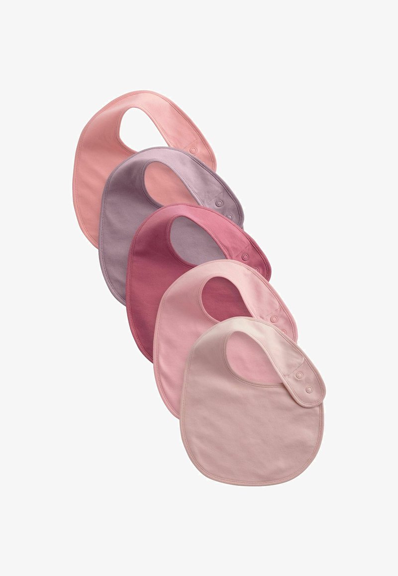 Piecu mazu bērnu bibi komplekts dažādos rozā toņos, izgatavots no mīkstas auduma ar noapaļotām formām un ar aizdares sprādzēm, lai vieglāk uzvilkt.