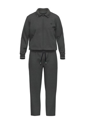 Sweatset in donkergrijze stof. Bevat een jack met rits en een geribde kraag en cuffs, en bijpassende taps toelopende broek met trekkoord.