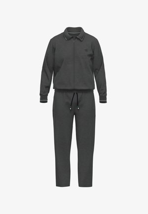 Sweatset in donkergrijze stof. Bevat een jack met rits en een geribde kraag en cuffs, en bijpassende taps toelopende broek met trekkoord.
