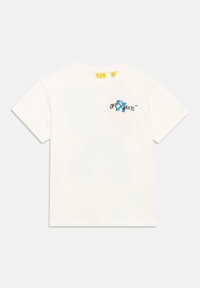 Λευκό κοντομάνικο T-shirt με μικρό μπλε και μαύρο λογότυπο "OFF WHITE™" στο αριστερό στήθος.