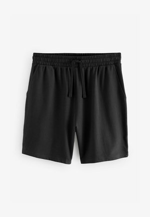 Black athletic shorts with an elastic waistband, drawstring, and two side pockets. Made of soft fabric with a smooth texture.