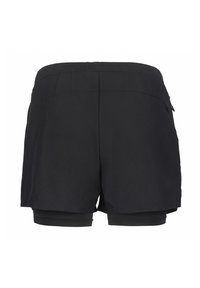 Pantalones cortos deportivos negros con un diseño en capas, que cuentan con una capa exterior suave y pantalones cortos interiores ajustados, cinturilla elástica y un bolsillo lateral discreto.