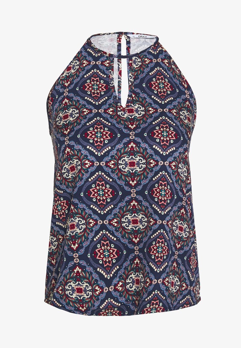 Tyrkysový halter top s diamantovým vzorem v červené, bílé a zelené barvě, s výstřihem ve tvaru klíčové dírky a hladkým textilním povrchem.