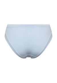 Lyseblå bomulds-bikiniunderbukser med en glat overflade, elastisk talje og uden synlige mønstre eller hardware.