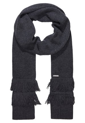 Donkergrijze gebreide sjaal met geribbelde textuur en twee lagen franjes aan elke kant, gevouwen in een lus.