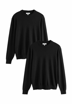 Dwa gładkie czarne swetry z okrągłym dekoltem, długimi rękawami oraz ściągaczami na mankietach i dole, pokazane na białym tle.