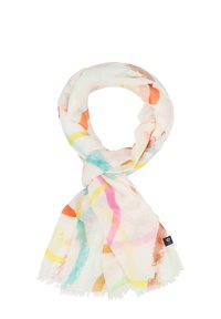 Lightweight, sheer fabric scarf featuring a colorful abstract pattern with orange, pink, yellow, and blue swirls on a white background.