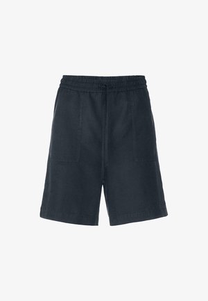 Pantaloni corti in cotone grigio scuro con elastico in vita, cordoncino e due tasche frontali. Design semplice, taglio fino al ginocchio e texture morbida.