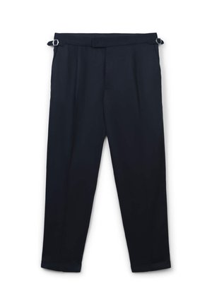 Pantaloni blu navy realizzati in tessuto morbido, caratterizzati da una vestibilità rilassata, pieghe, cinture regolabili e un orlo diritto.