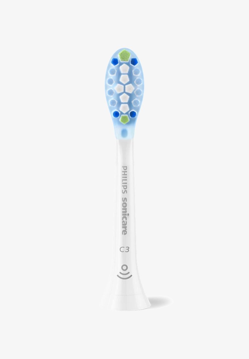 Tête de brosse Philips Sonicare C3 avec un manche blanc, une tête de brosse bleue dotée de poils verts et bleus, et un motif hexagonal pour un nettoyage efficace.