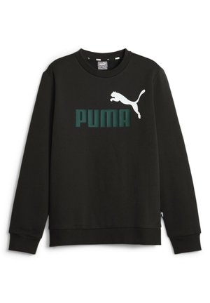 Czarna bluza Puma z długim rękawem, z ciemnozielonym napisem "PUMA" oraz białym logo skaczącego pumy na piersi, z prążkowanymi mankietami i dołem.