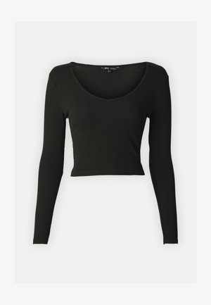 Black long-sleeve crop top made of ribbed fabric with a deep V-neckline. Features fitted sleeves and a smooth texture.
