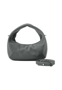 Borsa a spalla grigia in pelle con una forma morbida e arrotondata e dettagli cuciti. Include una tracolla rimovibile per opzioni di trasporto versatili.