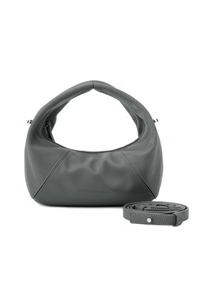 Borsa a spalla grigia in pelle con una forma morbida e arrotondata e dettagli cuciti. Include una tracolla rimovibile per opzioni di trasporto versatili.