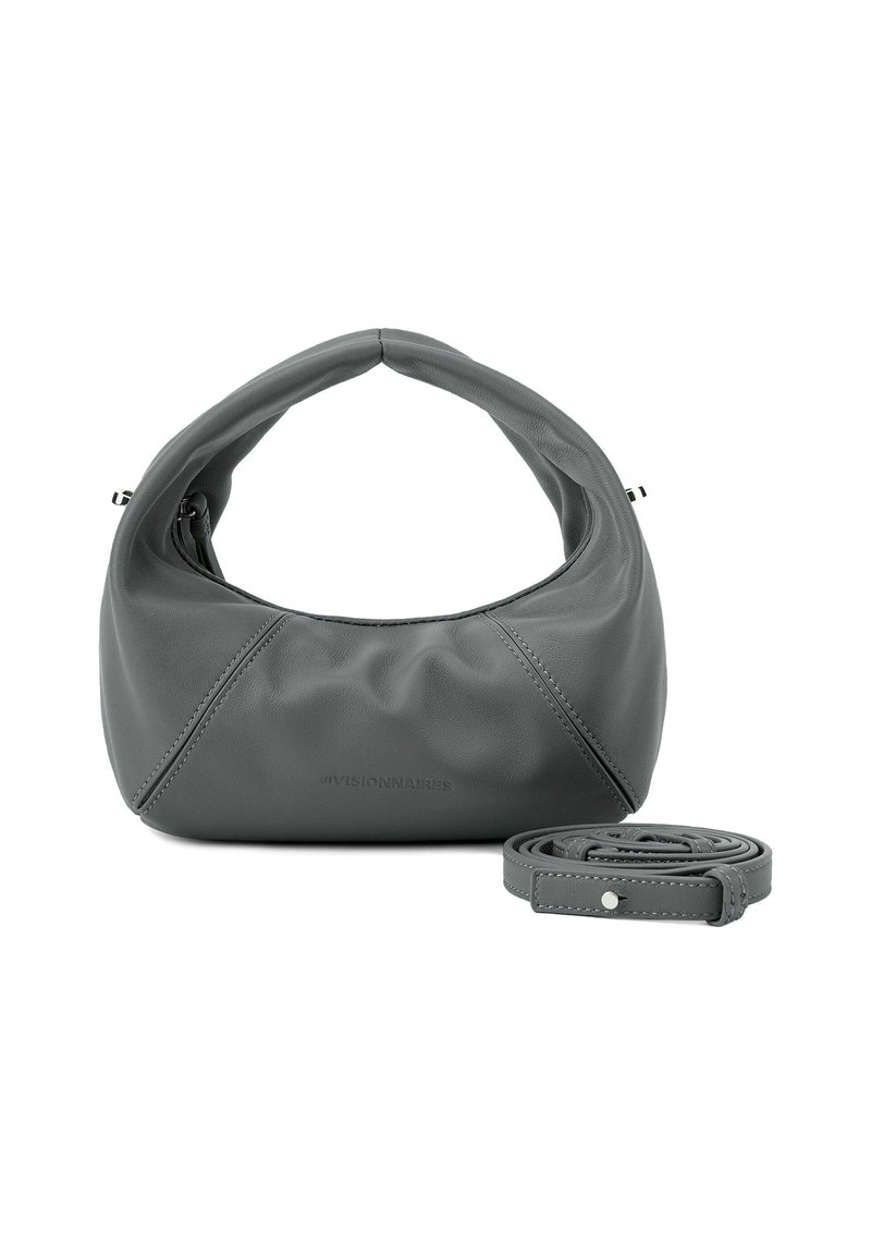 Borsa a spalla grigia in pelle con una forma morbida e arrotondata e dettagli cuciti. Include una tracolla rimovibile per opzioni di trasporto versatili.