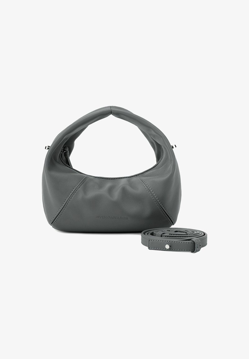 Borsa a spalla grigia in pelle con una forma morbida e arrotondata e dettagli cuciti. Include una tracolla rimovibile per opzioni di trasporto versatili.