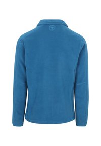 Blauwe fleece jas met een kraag, lange mouwen en een zachte textuur. Heeft een subtiel merklogo op de achterkant.