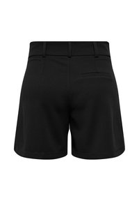 Short noir sur mesure avec passants de ceinture et petite poche fendue sur le côté droit, présenté de dos sur fond blanc.