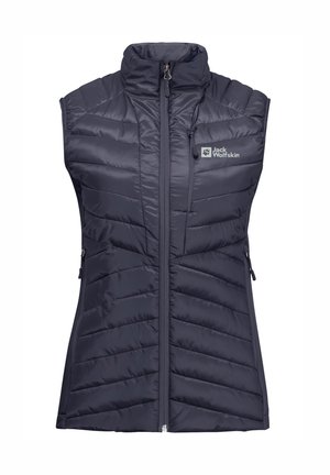 Dunkelblaue, isolierte, ärmellose Jacke mit hohem Kragen, Reißverschluss vorne und Seitentaschen; verfügt über ein gequiltes Muster und ein Logo auf der Brust.