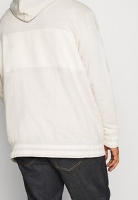 Person, der einen hellbeigen Hoodie mit einem horizontalen Panel auf dem Rücken und dunklen Jeans mit sichtbaren Nähten an den Taschen trägt.