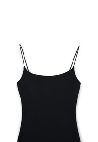 Top nero senza maniche con spalline sottili e scollatura dritta su sfondo bianco.