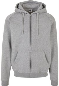 Gray zip-up hoodie with a textured fabric, front pockets, drawstring hood, and ribbed cuffs and hem. Simple design and casual fit.