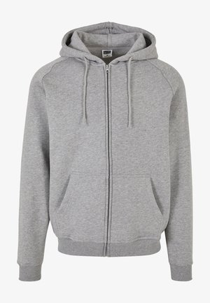 Grå zip-up hættetrøje i struktureret stof, med frontlommer, snoretræk i hætten og ribbede manchetter og kant. Simpelt design og afslappet pasform.