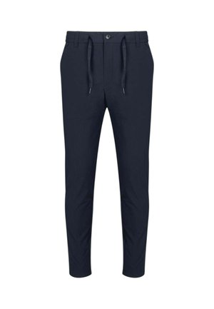 Marineblaue Slim-Fit-Hose mit Gürtelschlaufen, Knopfverschluss und einem vorderen Kordelzug auf weißem Hintergrund.