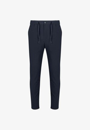 Marineblaue Slim-Fit-Hose mit Gürtelschlaufen, Knopfverschluss und einem vorderen Kordelzug auf weißem Hintergrund.