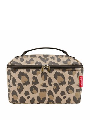 Kosmetiktasche im Leopardenmuster in Beige und Braun, rechteckige Form mit Reißverschluss, ausgestattet mit einem oberen Griff und goldfarbener Hardware.