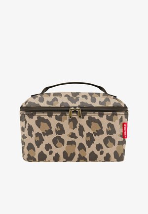 Leopard print cosmetic bag in beige and brown, rectangular shape with a zip closure, featuring a top handle and gold-tone hardware.