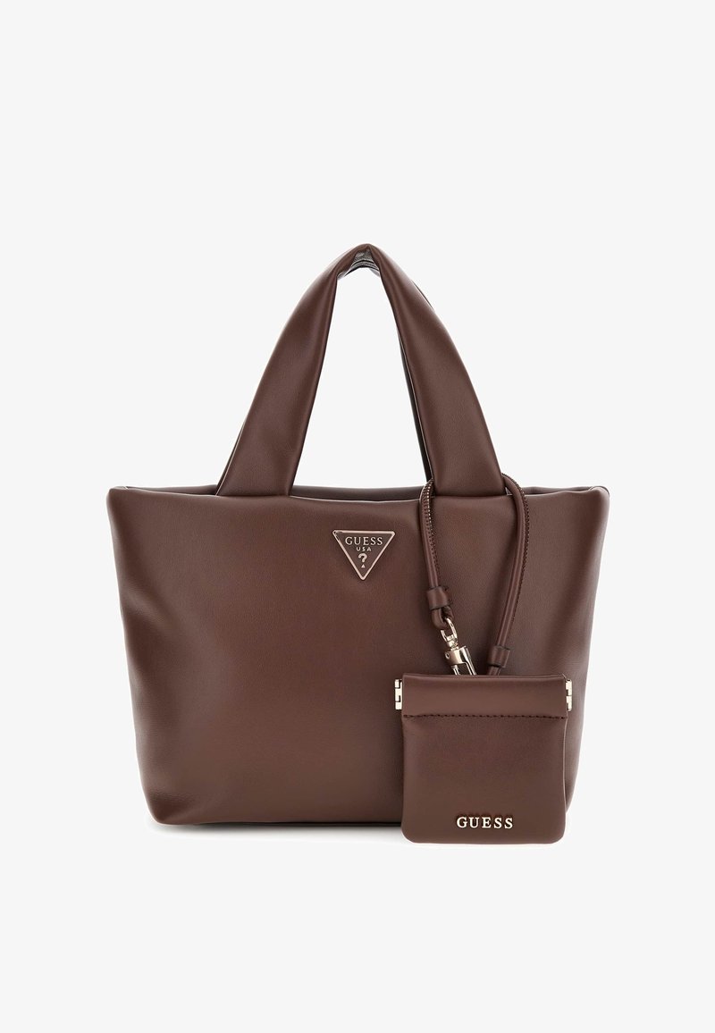 Braune Kunstleder-Shopper-Tasche mit doppelten Griffen und einem dreieckigen Logo-Schild. Enthält ein passendes, abnehmbares kleines Täschchen.