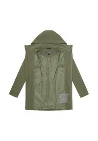 Maslinasto zelena parka jakna ima mekanu vanjštinu, obloženu unutrašnjost, kapuljaču, bočne džepove i metalne detalje sprijeda.