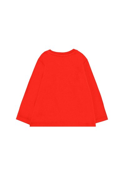 Maglietta rossa a maniche lunghe in morbido cotone con scollatura tonda, caratterizzata da una trama liscia e priva di decorazioni.