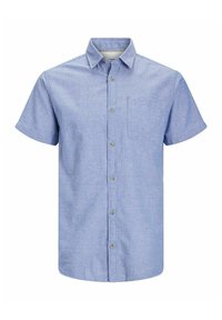 Korte mouwen blauwe geruite shirt van een lichtgewicht stof, met een knoopsluiting aan de voorkant, kraag en een borstzak met beige knopen.
