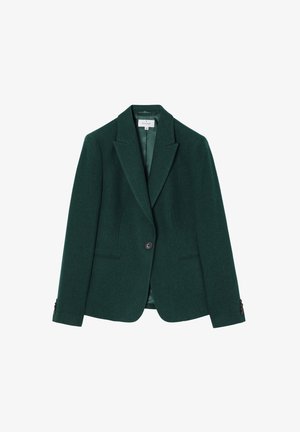 Dark green tailored blazer made of textured fabric, featuring a notched collar, single button closure, and two front pockets.