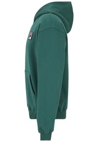 Felpa verde con tasca a marsupio, polsini e orlo a costine. Presenta un patch logo sulla spalla sinistra. Realizzata in tessuto morbido ed elastico.