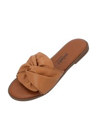 Bruine synthetische slide sandalen met een geknoopt bovenwerk, platte zool en een gladde textuur met een gevoerde voetbed.