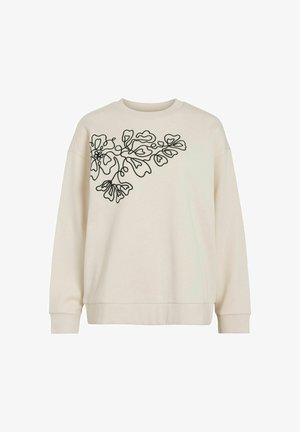 Beige sweatshirt med långa ärmar och rund halsringning, med svart blommig broderi framtill. Mjuk tyg med ribbade muddar.