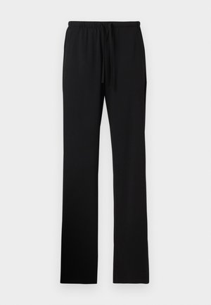 Svarta sweatpants med avslappnad passform, tillverkade av mjukt tyg, med elastisk midja och snörning samt utan synliga fickor.