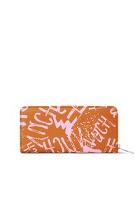 Orange zip wallet with pink graffiti-style text. Made of synthetic material, features a sleek rectangular design and textured surface.