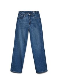 Sinised sirgelt lõigatud teksapüksid, ees nööbi ja tõmblukuga, viie taskuga ning õrnalt kulunud reite piirkonnas.