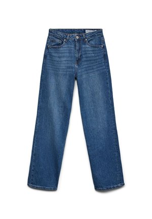 Zilas taisnstūrveida džinsa bikses ar priekšējo pogu un rāvējslēdzēju, piecām kabatām un smalku izbalējumu uz augšstilbiem.