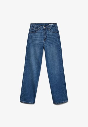 Zilas taisnstūrveida džinsa bikses ar priekšējo pogu un rāvējslēdzēju, piecām kabatām un smalku izbalējumu uz augšstilbiem.