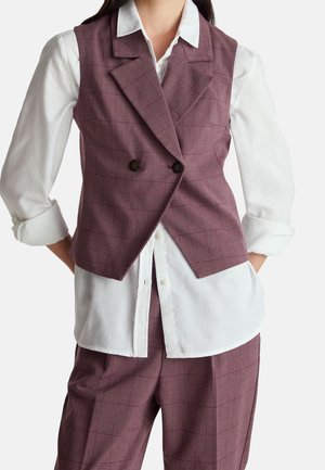 Vrouw die een wit hemd draagt met knopen en opgerolde mouwen onder een dubbelgeknoopte pruimkleurige geruite vest en bijpassende geruite broek.