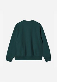 Sudadera verde oscura con cuello redondo, mangas largas y puños acanalados. Tejido suave y texturizado con un corte relajado y detalle de costura en la parte posterior.