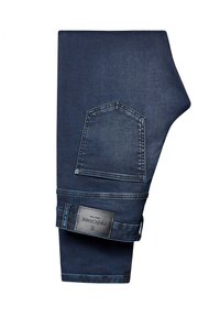 Ciemnoniebieskie dżinsy o prostym kroju, z tylną kieszenią i markową czarną skórzaną naszywką. Gładka tekstura z delikatnym streczem.