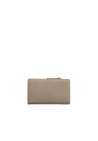 Beige leren portemonnee met een soepele textuur, ritssluiting en een rechthoekige vorm. Minimalistisch ontwerp zonder zichtbare hardware of patronen.
