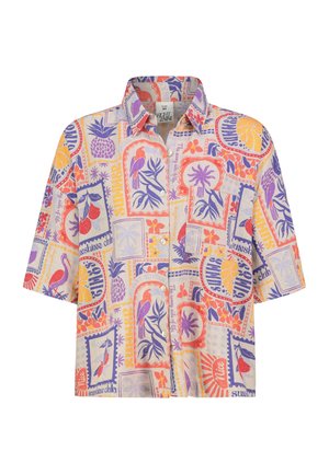 Kurzärmeliges Hemd mit Knöpfen und farbenfrohen tropischen Drucken, darunter Vögel, Ananas, Palmen und die Worte "sunshine club" in Orange, Lila und Rot.