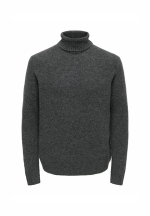 Pull en laine gris foncé à col roulé avec manches longues, col, poignets et bas côtelés, sur fond blanc.